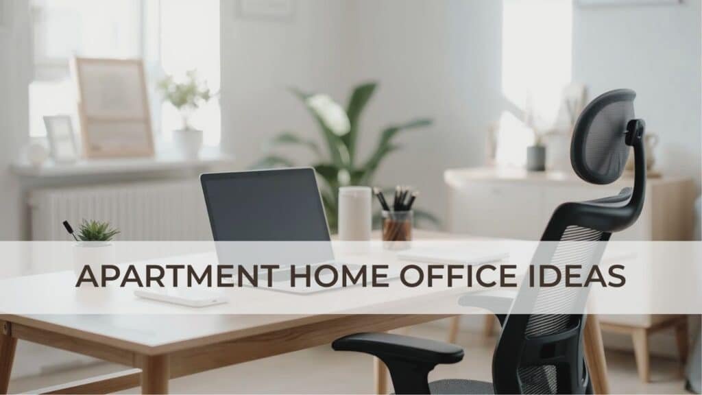 A contemporary home office setup with a laptop, smartphone, and a potted plant on a wooden desk, alongside an ergonomic chair